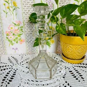 Vintage Clear Glass Crucifix Candlestick Holder Hexagonal Base Jesus On Cross